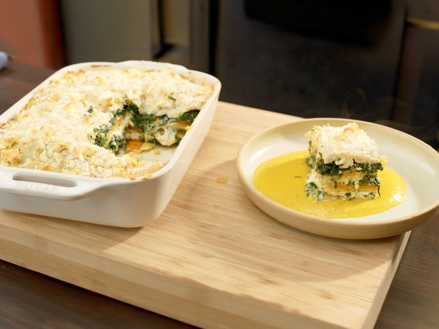 Lasagne met pompoen, spinazie en feta