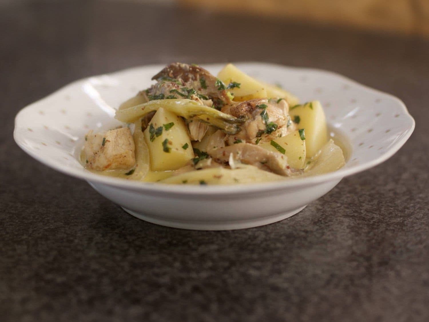 Kipfilet met aardappelen, oesterzwammen en venkel