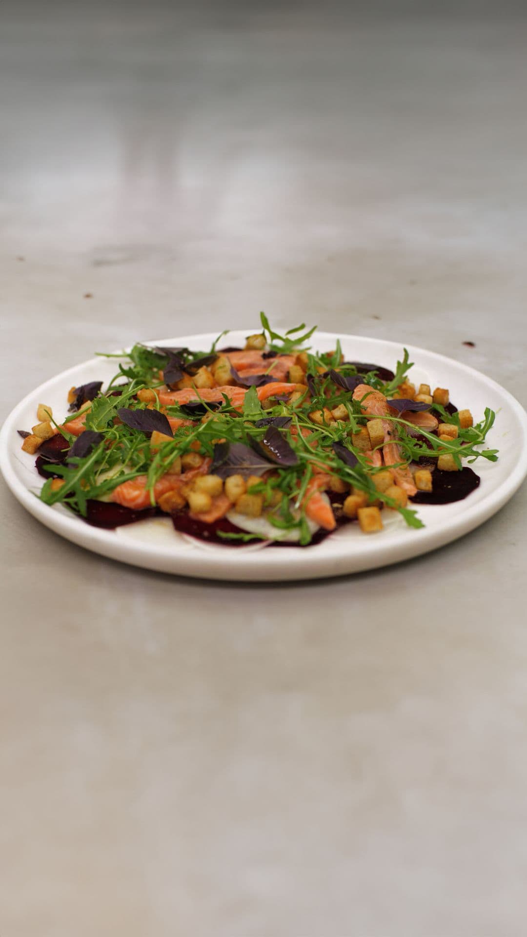 Gemarineerde zalm met carpaccio van biet, daikon en koolrabi 