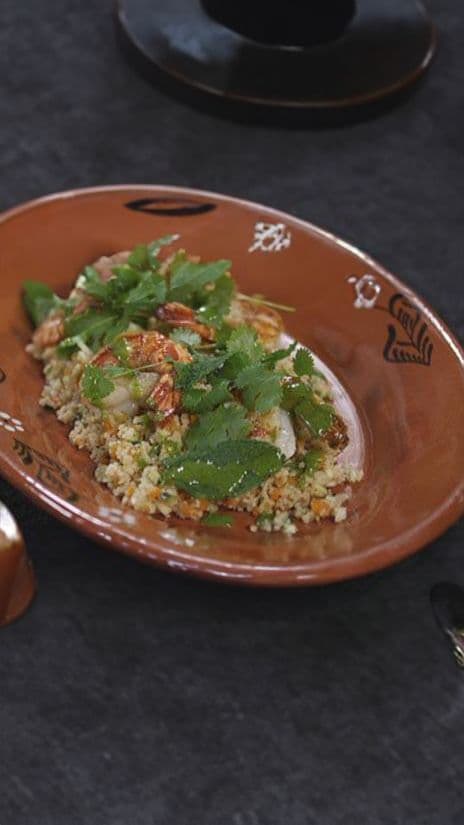 Scampi met tabouleh en korianderpesto