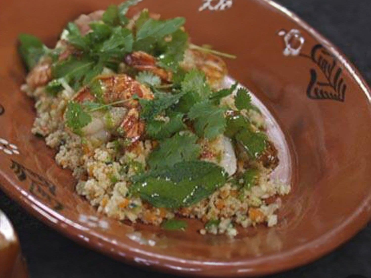 Scampi met tabouleh en korianderpesto
