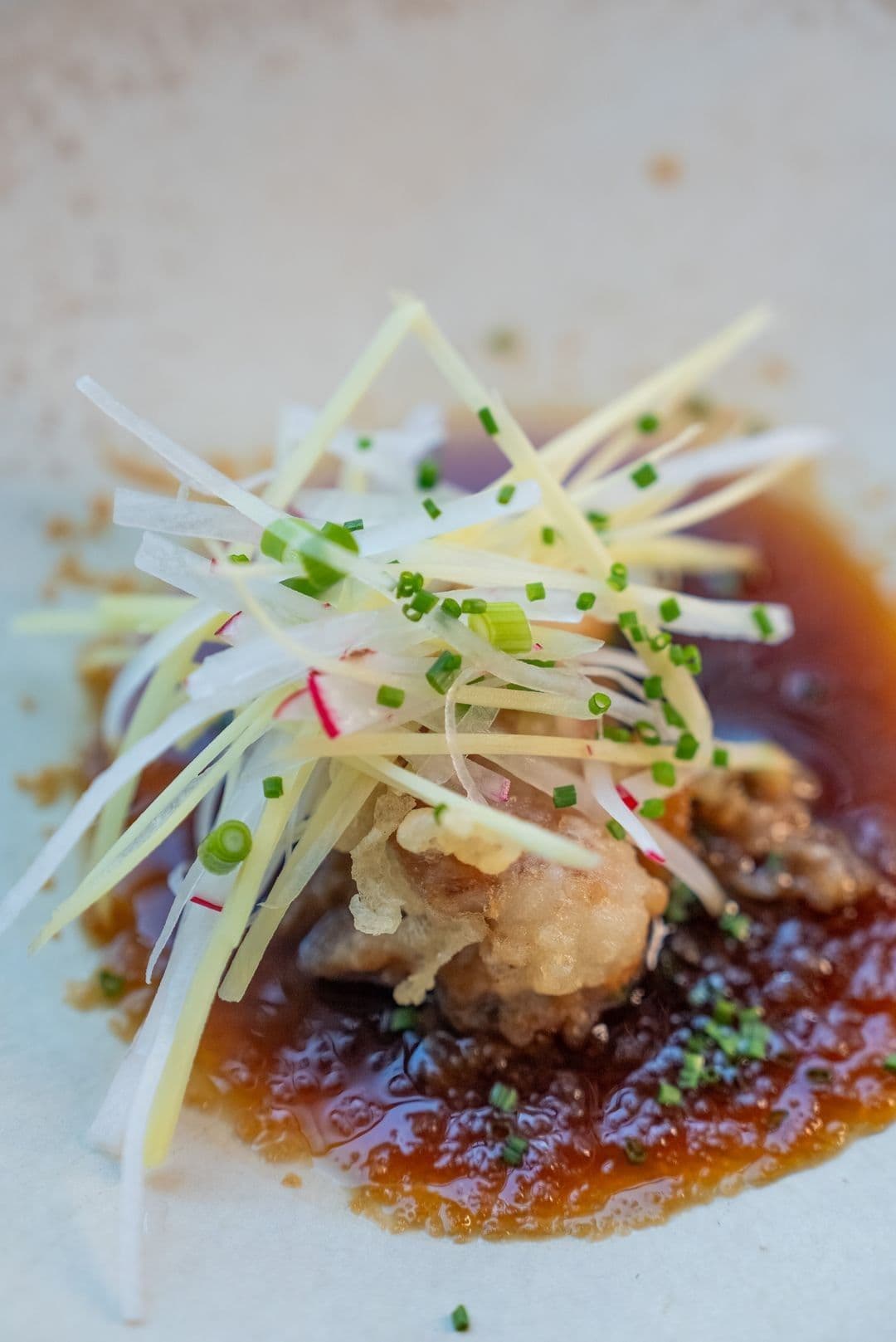 Tempura van hondshaai met daikonsalade en mirindressing