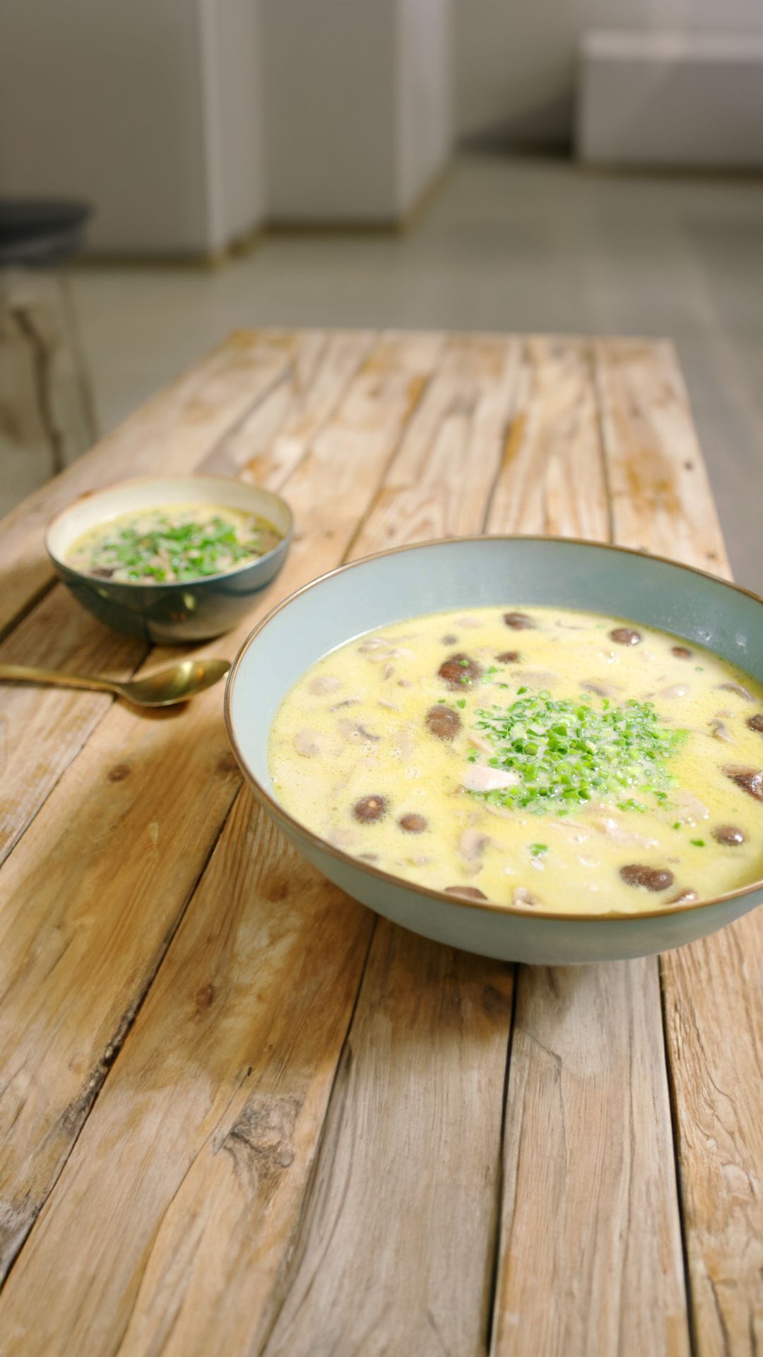 Kippensoep met kokos en champignons