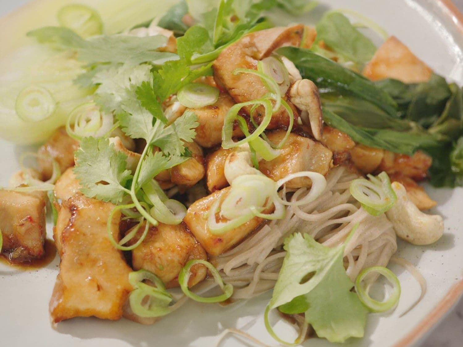 Teriyaki kippenblokjes met noedels en gestoomde paksoi