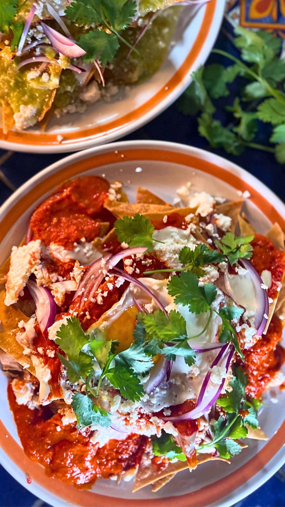 Chilaquiles met twee salsa's, kaas en ei