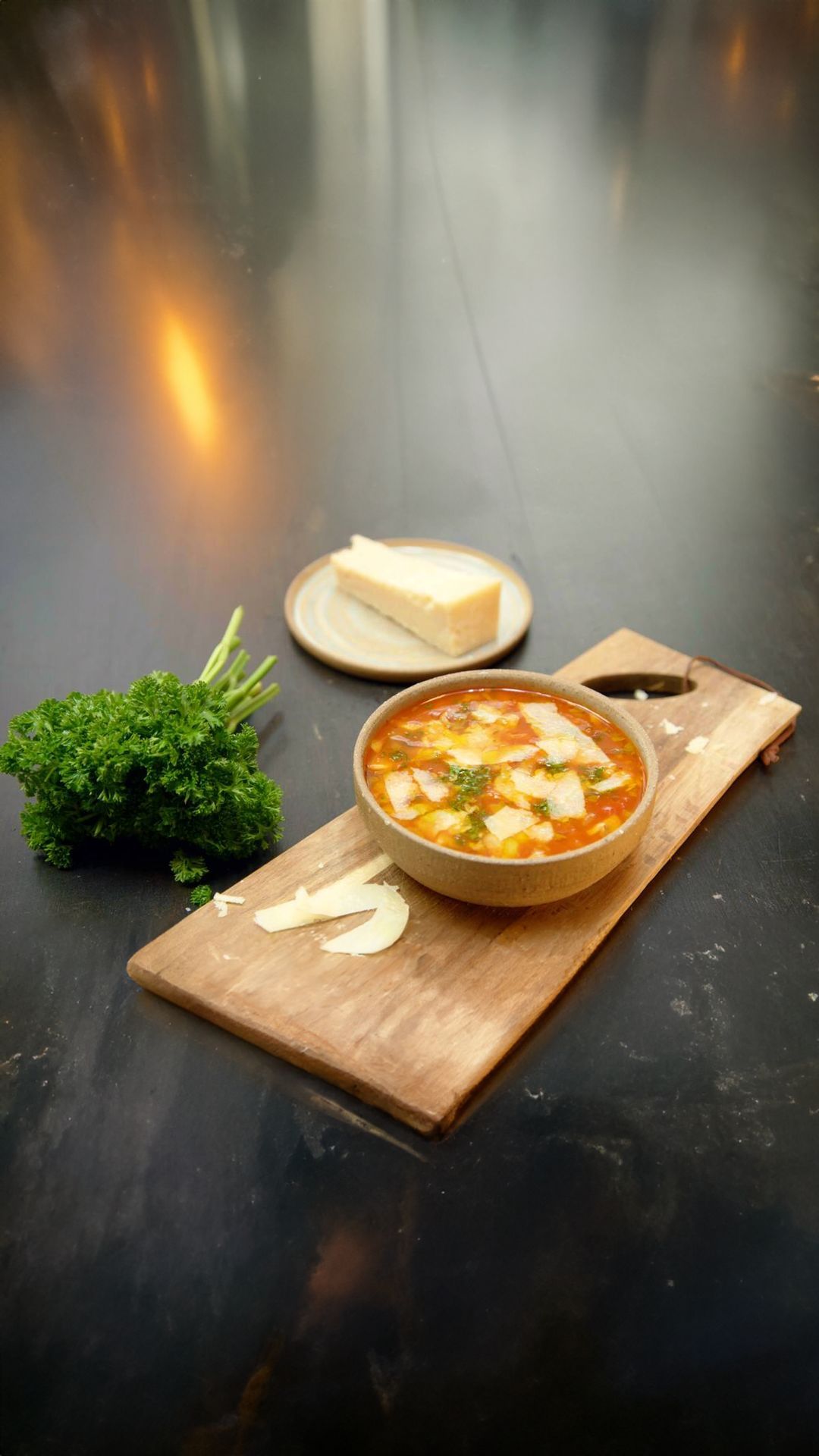 Tomatensoep met pancetta en champignons