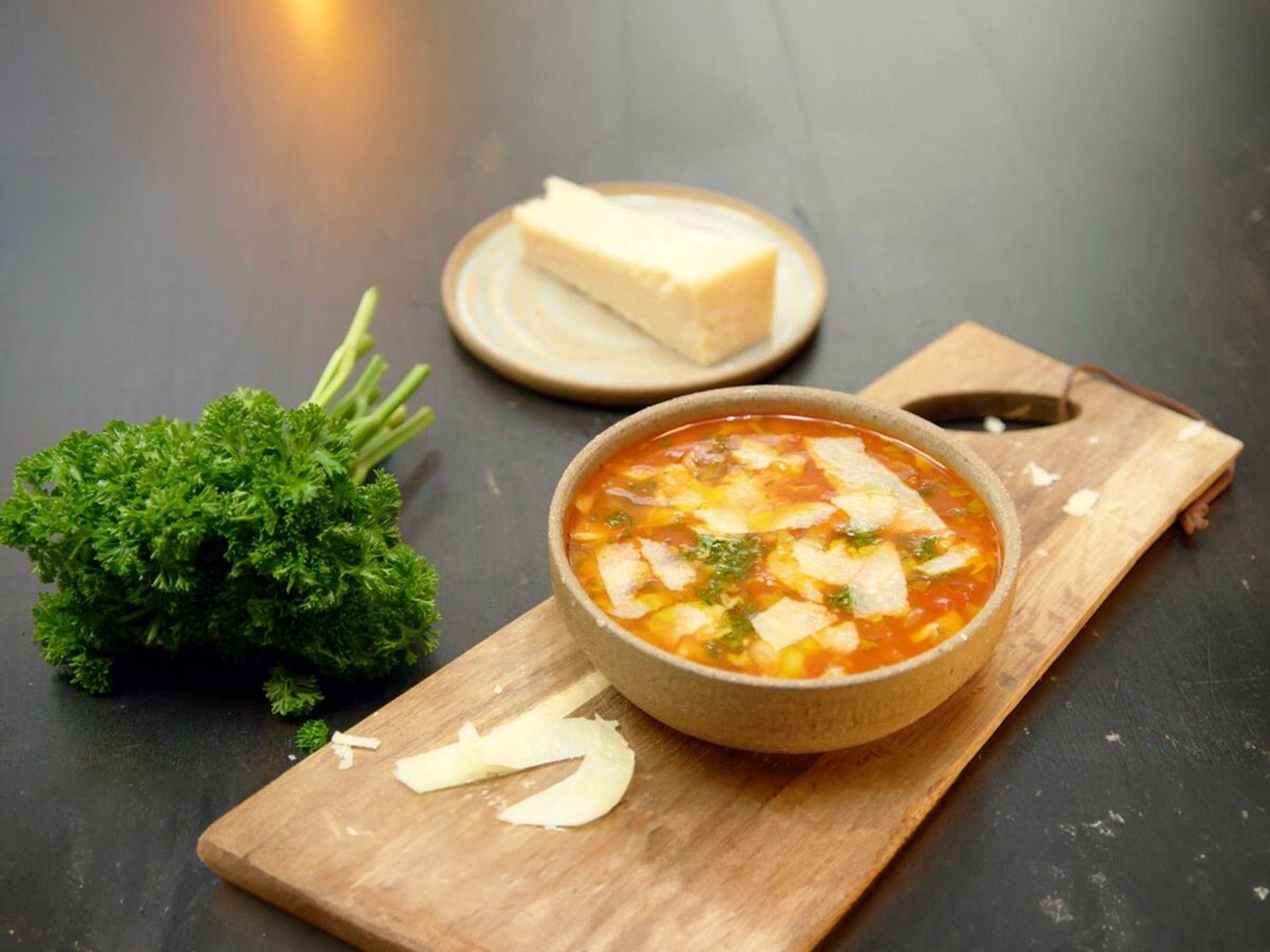 Tomatensoep met pancetta en champignons