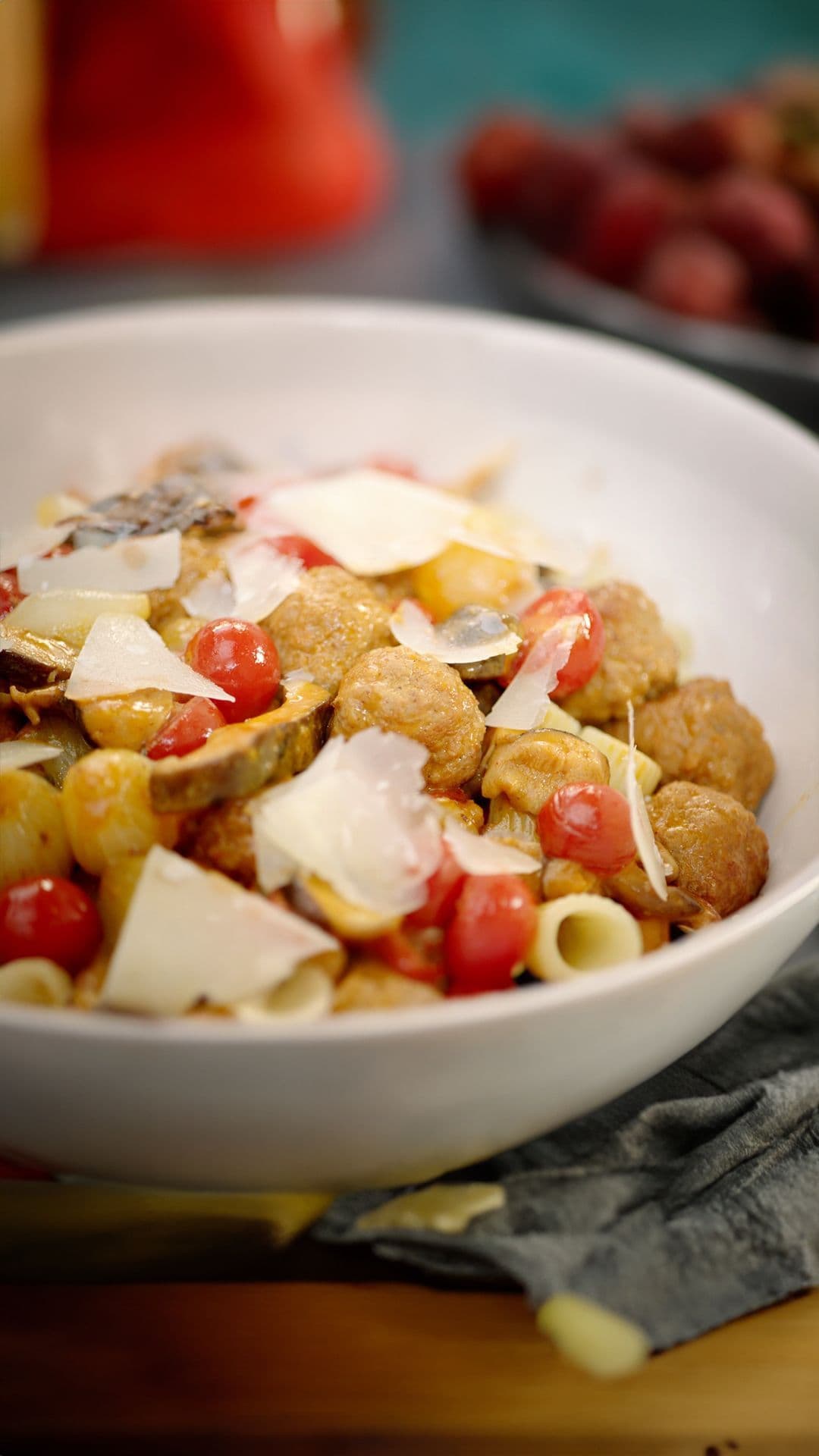 Pasta met balletjes en shiitake
